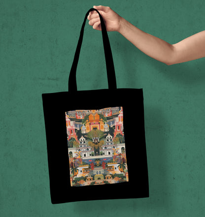 Oriental buildings and trees Design Printed Black Patch With Pocket Tote Bag (14 X 16 Inches) For Shopping, College, Travel