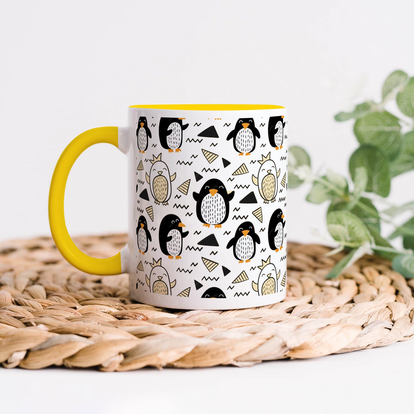 Hand drawn penguin doodle pattern  Yellow Handle 330 ml Coffee Mug