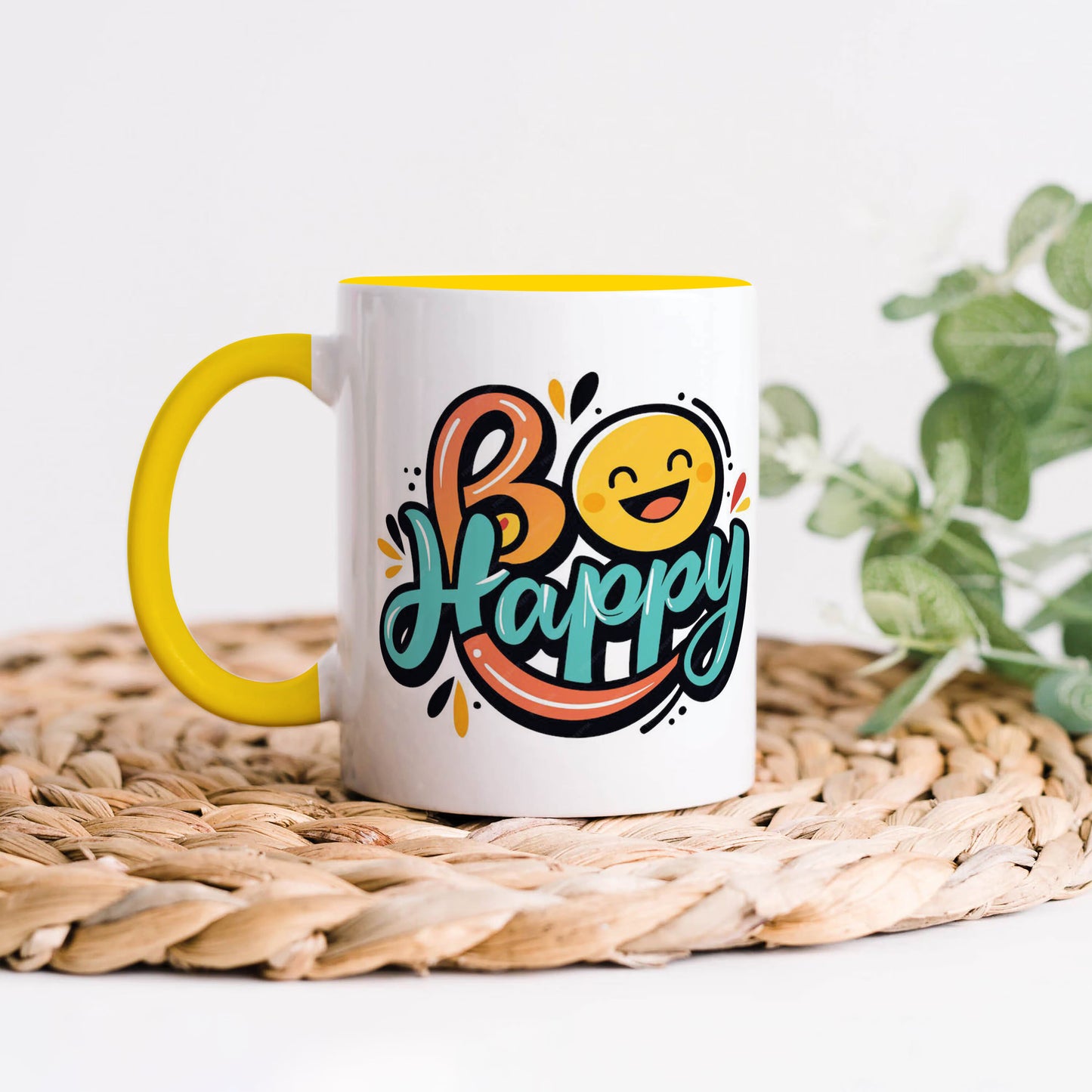 Be happy Yellow Handle 330 ml Coffee Mug