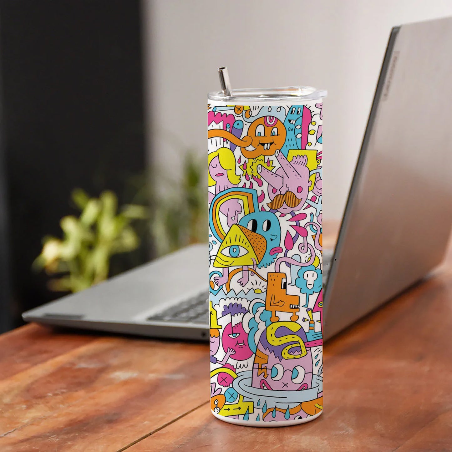 A colorful illustration of a group of people with different faces and the words Printed 750ML with Lid Leak Proof Travel Tumbler with Straw