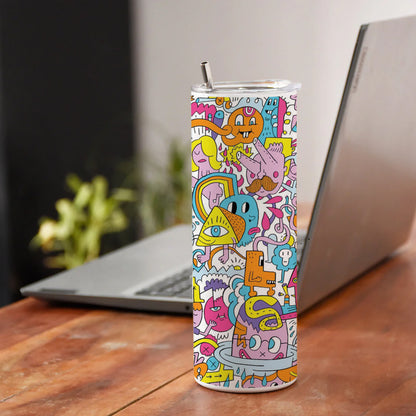A colorful illustration of a group of people with different faces and the words Printed 750ML with Lid Leak Proof Travel Tumbler with Straw