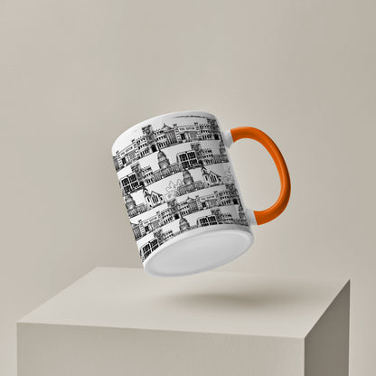 Black in white hand drawing city design Orange Handle 330 ml Coffee Mug