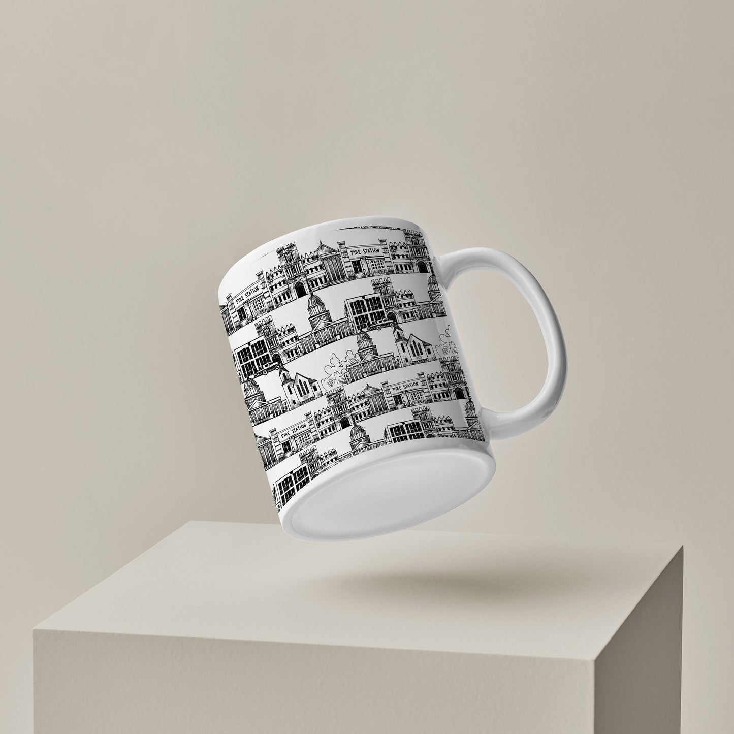 Black in white hand drawing city design White 330 ml Coffee Mug