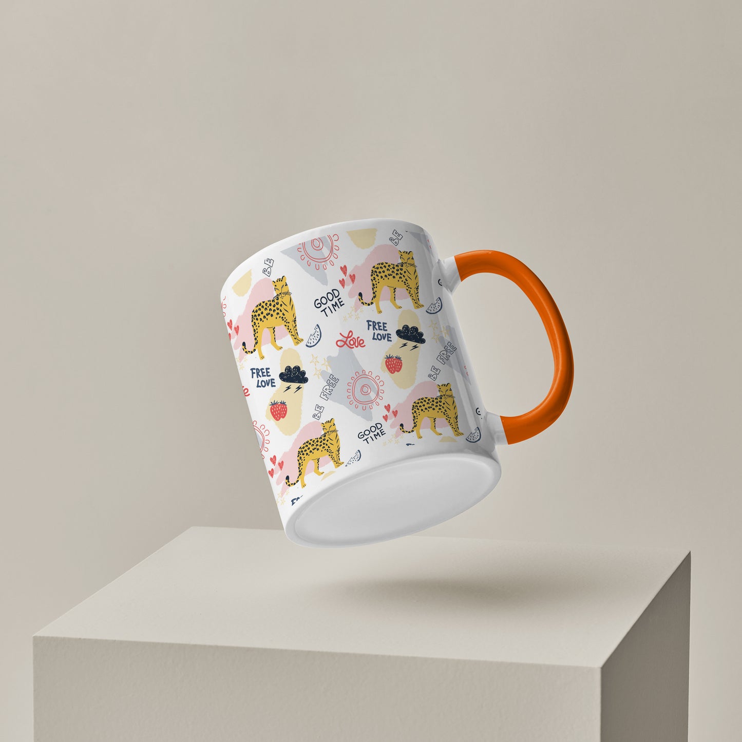 Colorful doodle cheetah and words pattern design Orange Handle 330 ml Coffee Mug