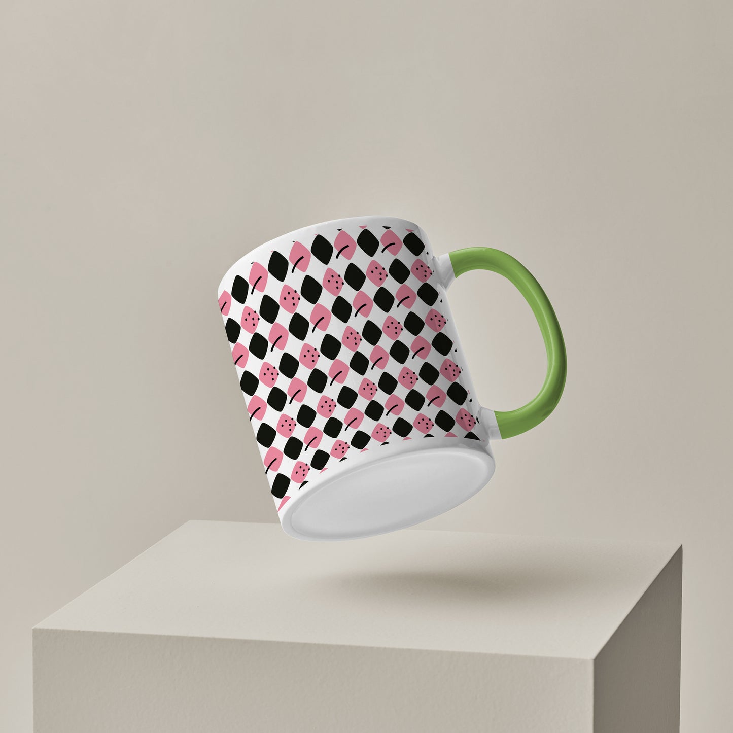 Black N Pink square vector leaves pattern (2) Pattern Lite Green Handle 330 ml Coffee Mug