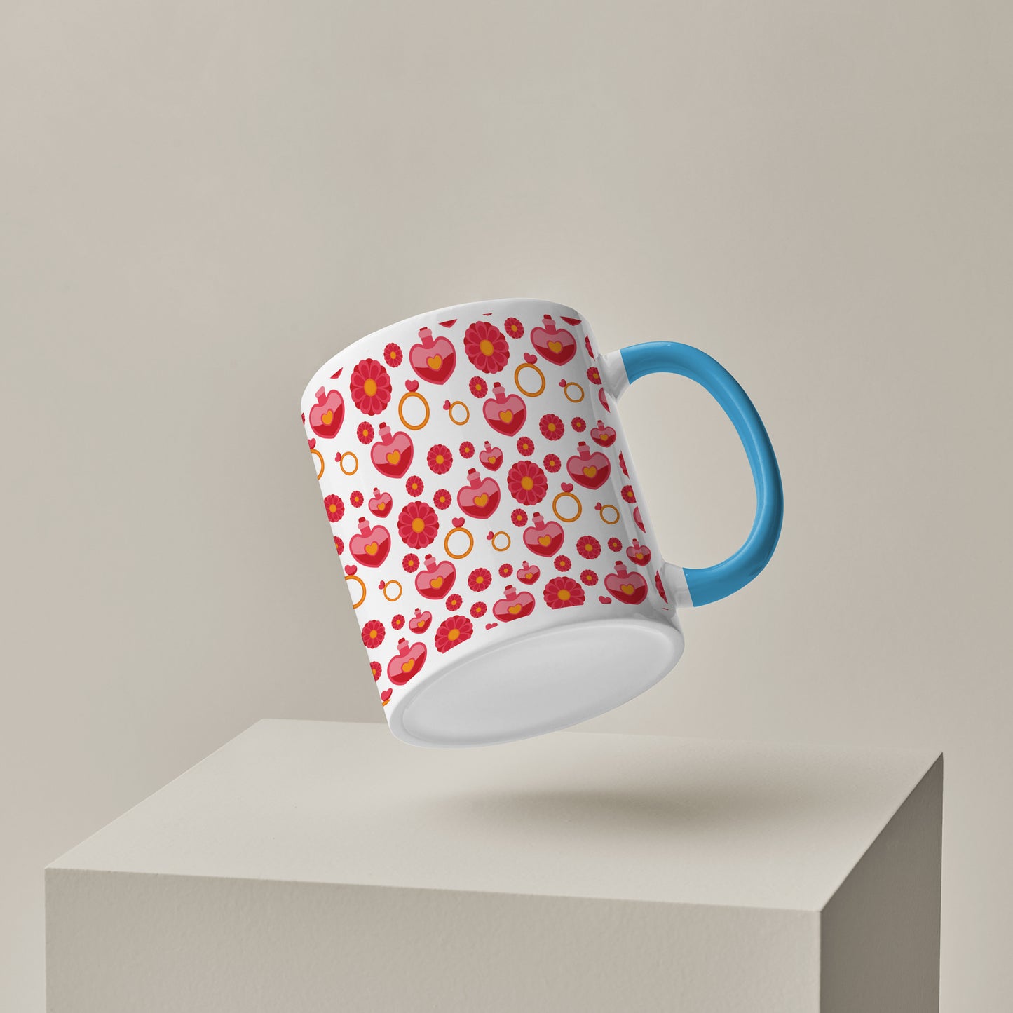 Red seamless love element design Pattern Sky Blue Handle 330 ml Coffee Mug