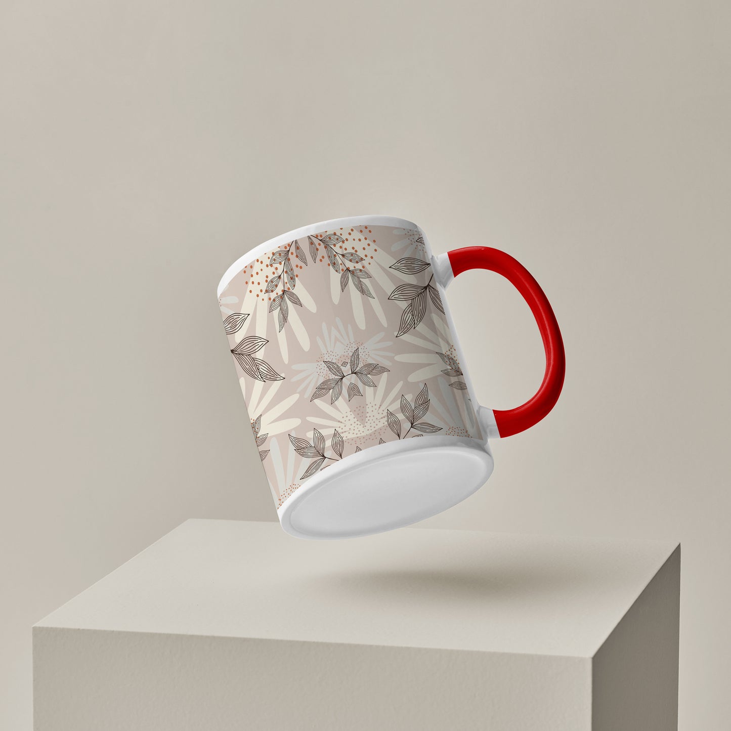 Abstract leaves and dots pattern design Red Handle 330 ml Coffee Mug