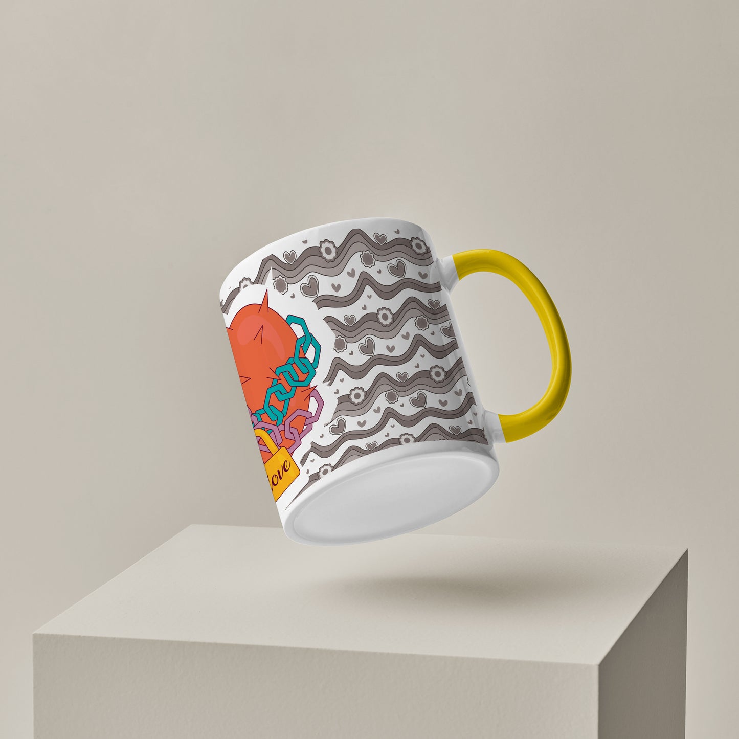 love chain Pattern Yellow Handle 330 ml Coffee Mug