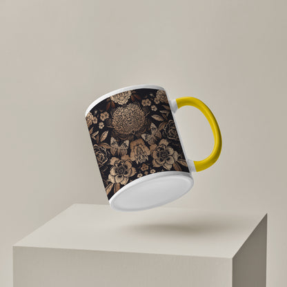 Gold flowers design Pattern Yellow Handle 330 ml Coffee Mug