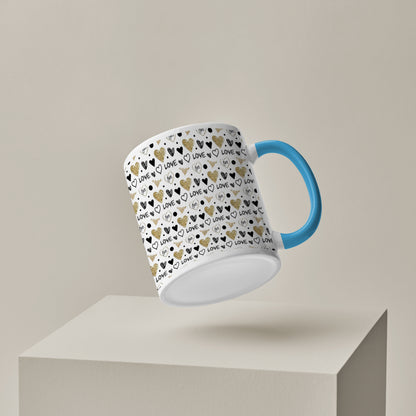 Hand drawn golden and black hearts design Pattern Sky Blue Handle 330 ml Coffee Mug
