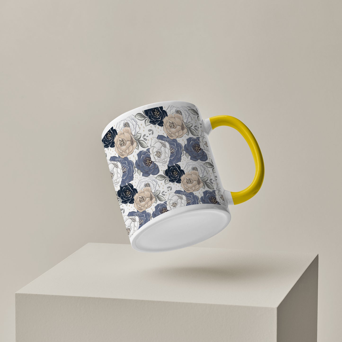 flowers design Pattern Yellow Handle 330 ml Coffee Mug