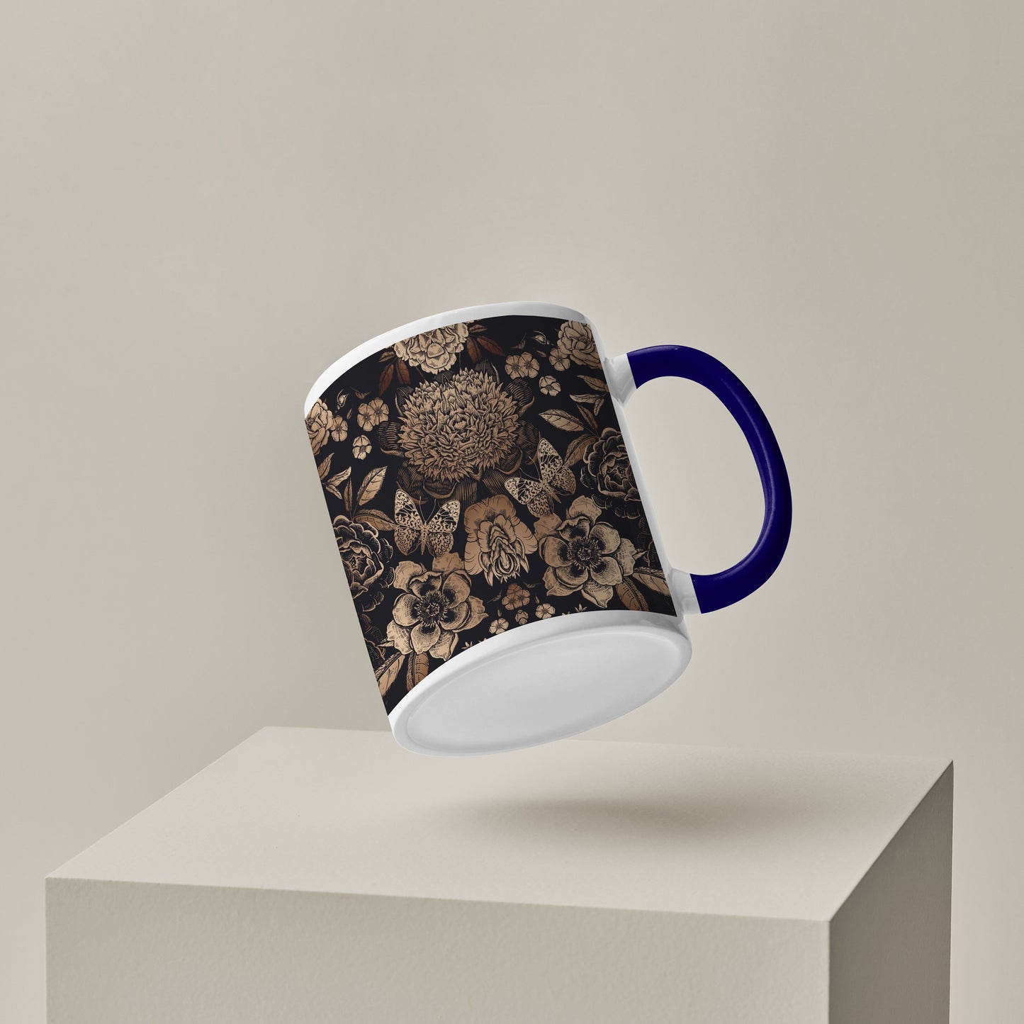 Gold flowers design Pattern Dark Blue Handle 330 ml Coffee Mug