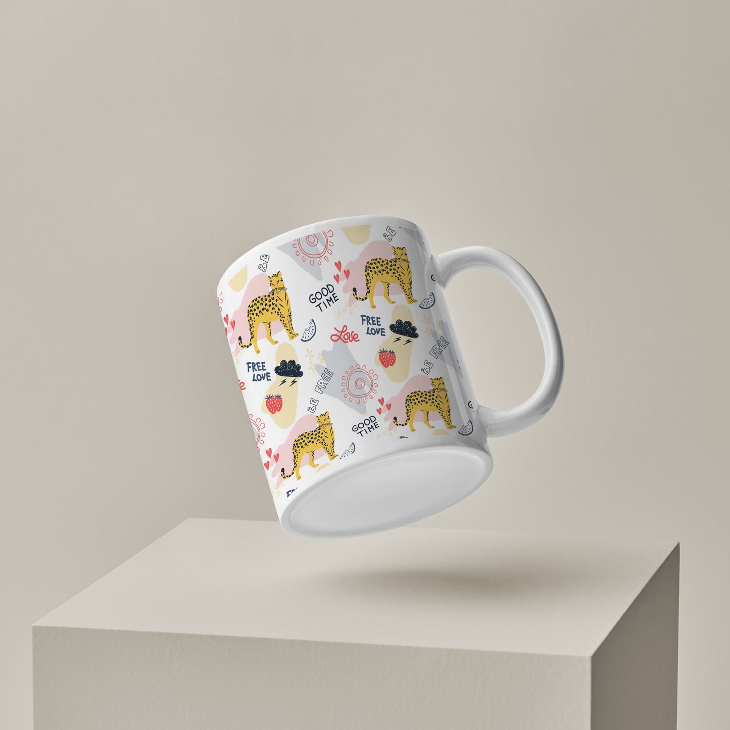 Colorful doodle cheetah and words pattern design White 330 ml Coffee Mug