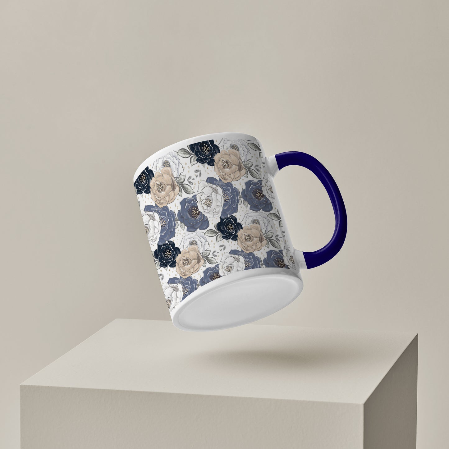 Flowers design Pattern Dark Blue Handle 330 ml Coffee Mug