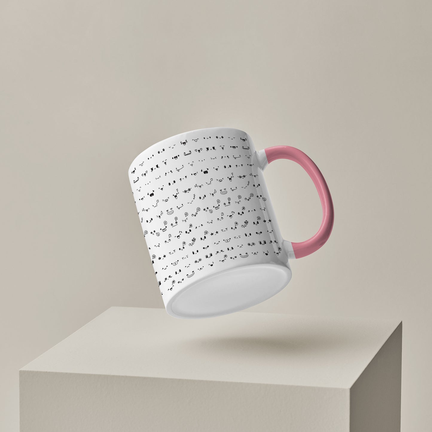 Kawaii faces doodle art design Pattern Lite Pink Handle 330 ml Coffee Mug