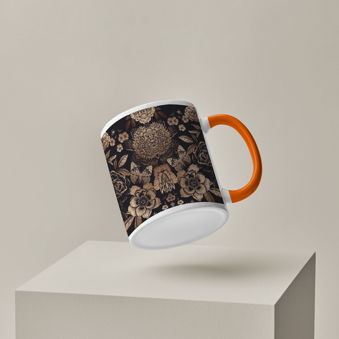 Gold flowers design Orange Handle 330 ml Coffee Mug