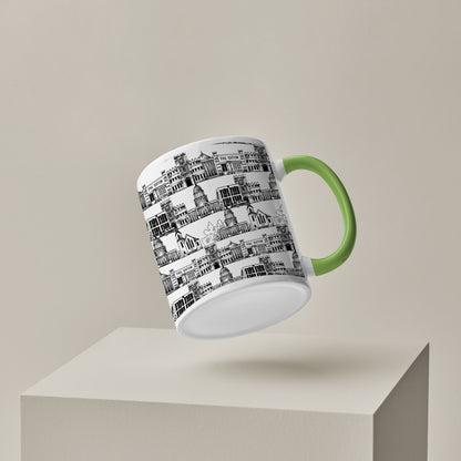Black in white hand drawing city design Pattern Light Green Handle 330 ml Coffee Mug
