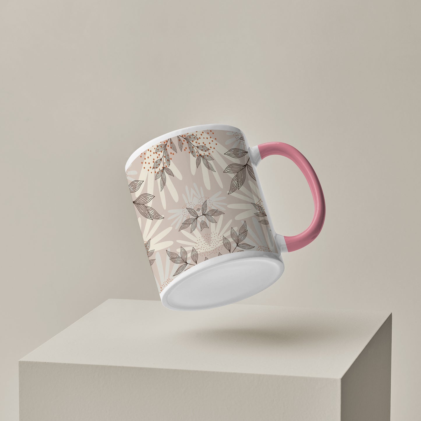 Abstract leaves and dots design Pattern Lite Pink Handle 330 ml Coffee Mug