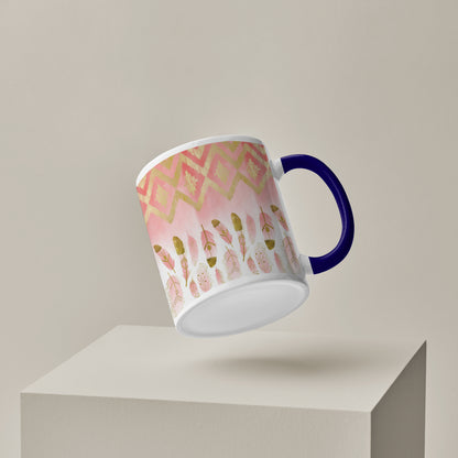Pink plumas Pattern Dark Blue Handle 330 ml Coffee Mug