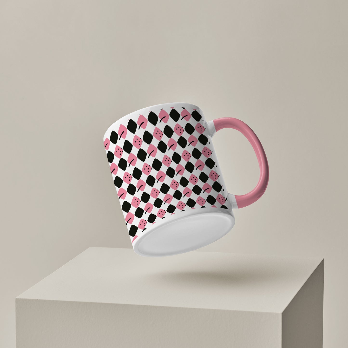 Black N Pink square vector leaves Pattern Lite Pink Handle 330 ml Coffee Mug
