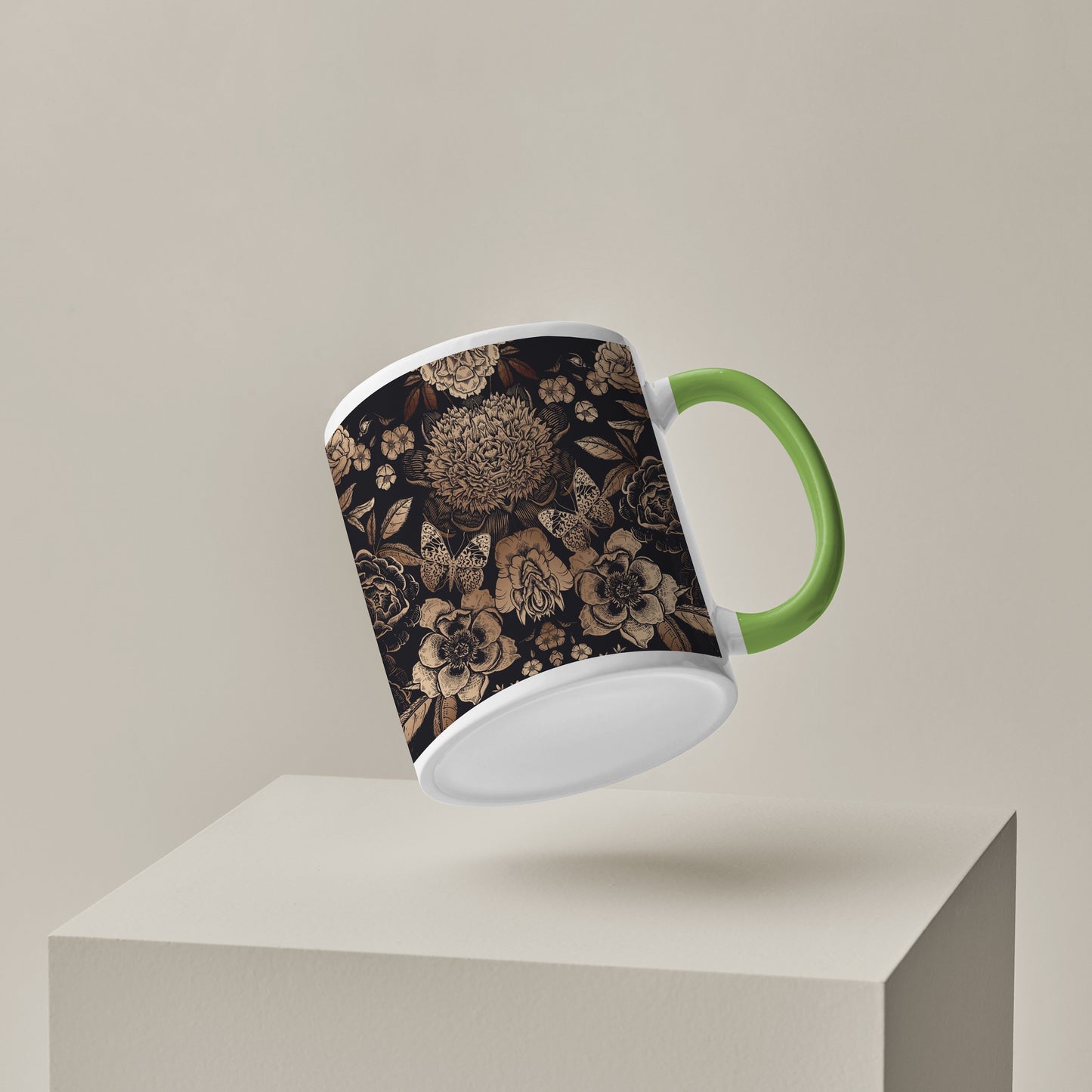 Gold flowers design Pattern Lite Green Handle 330 ml Coffee Mug