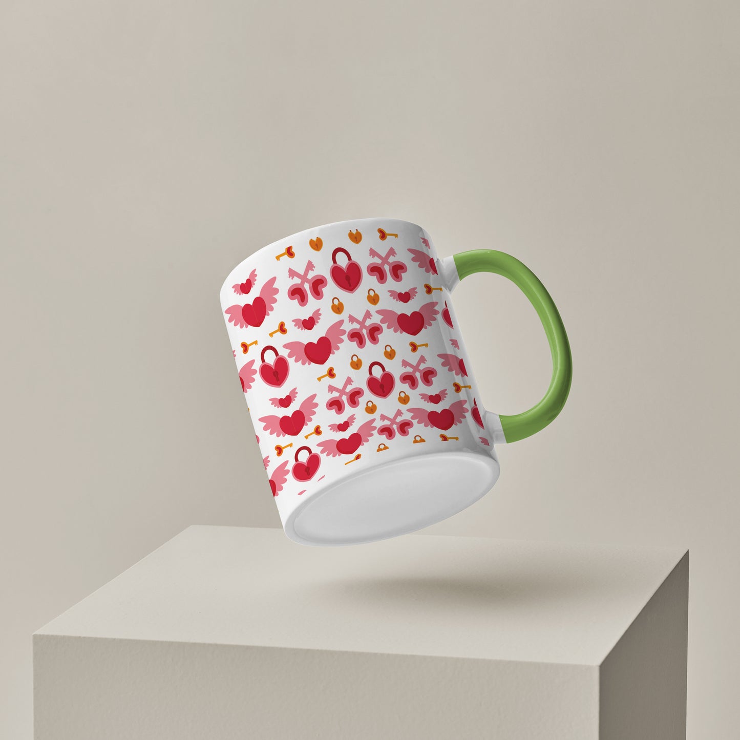 red seamless love element pattern design (2) Pattern Lite Green Handle 330 ml Coffee Mug
