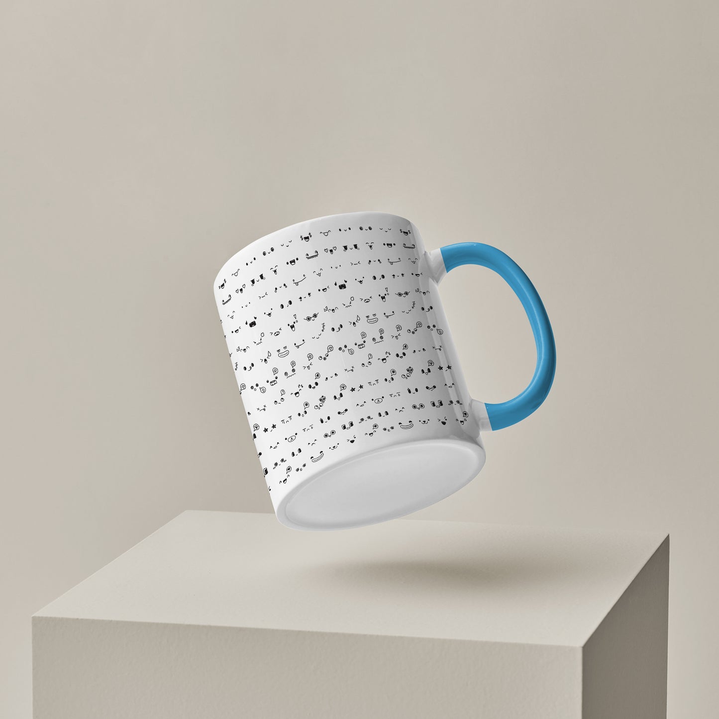 Kawaii faces doodle art design Pattern Sky Blue Handle 330 ml Coffee Mug