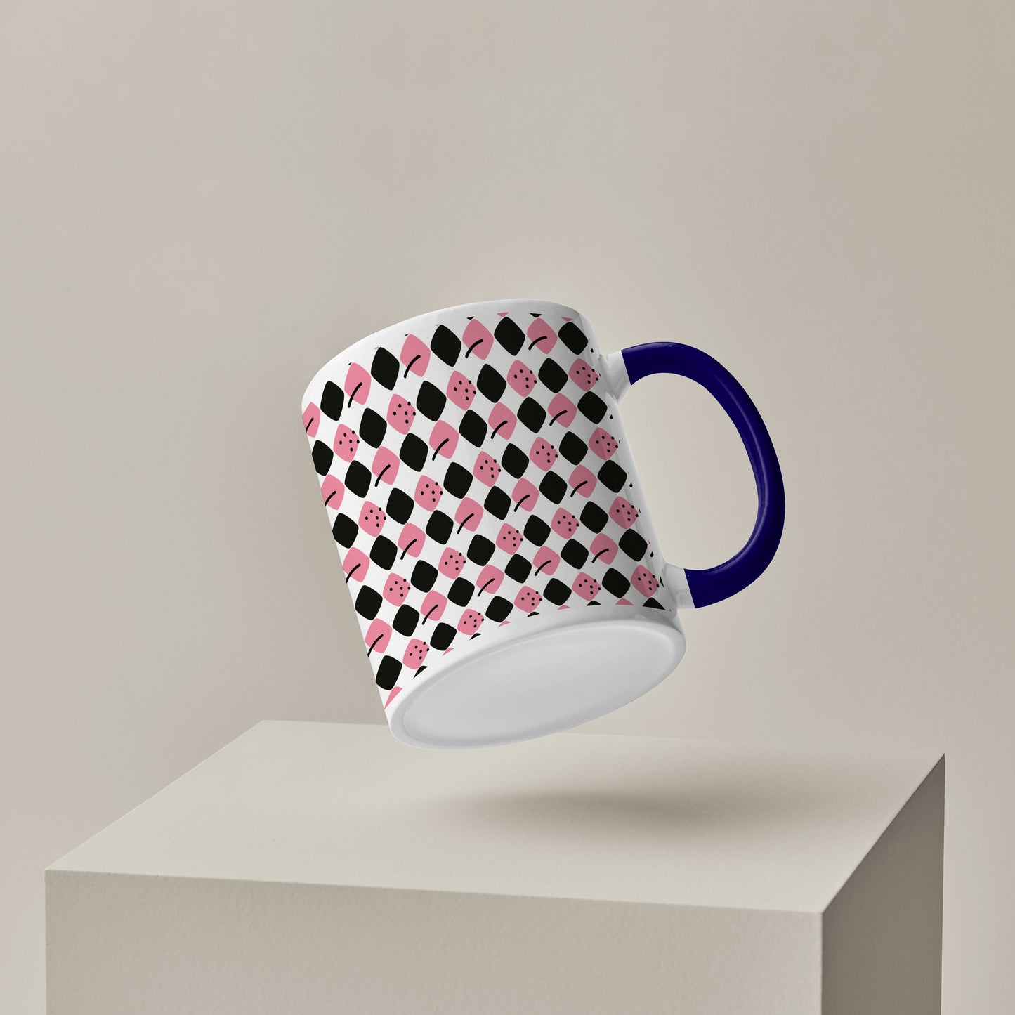 Black N Pink square vector leaves Pattern Dark Blue Handle 330 ml Coffee Mug