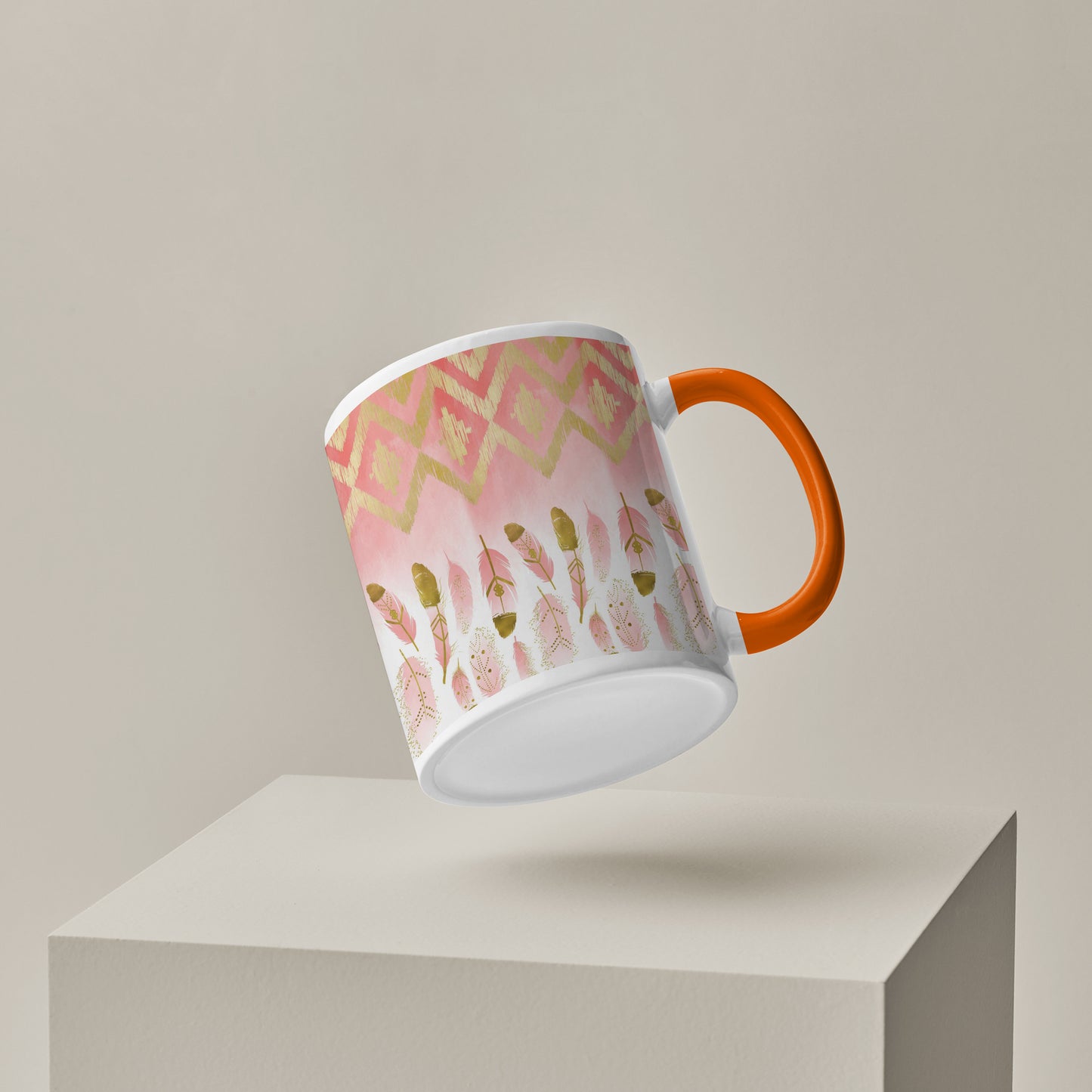 Pink plumas design Orange Handle 330 ml Coffee Mug