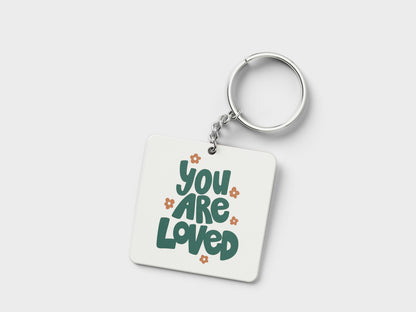 You are loved Printed Square Shape Wooden Keyring with Chain