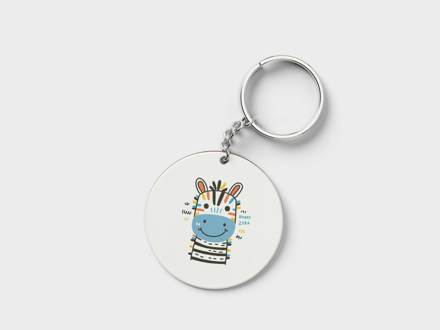 Happy Zebra Printed Circle Shape Wooden Keyring with Chain