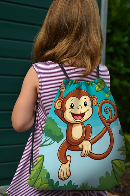 Cute Monkey Hanging on Tree Pattern Polyester String Backpack Bags for kids for Gym, Yoga, Tuition ,Beach Bag for 4-10 year boys and girls