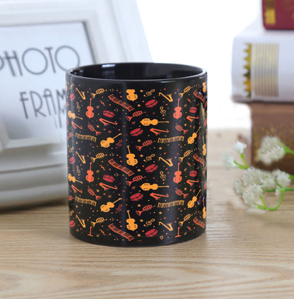 Music Instruments Pattern Design Full Black 330 ml Coffee Mug with Coaster