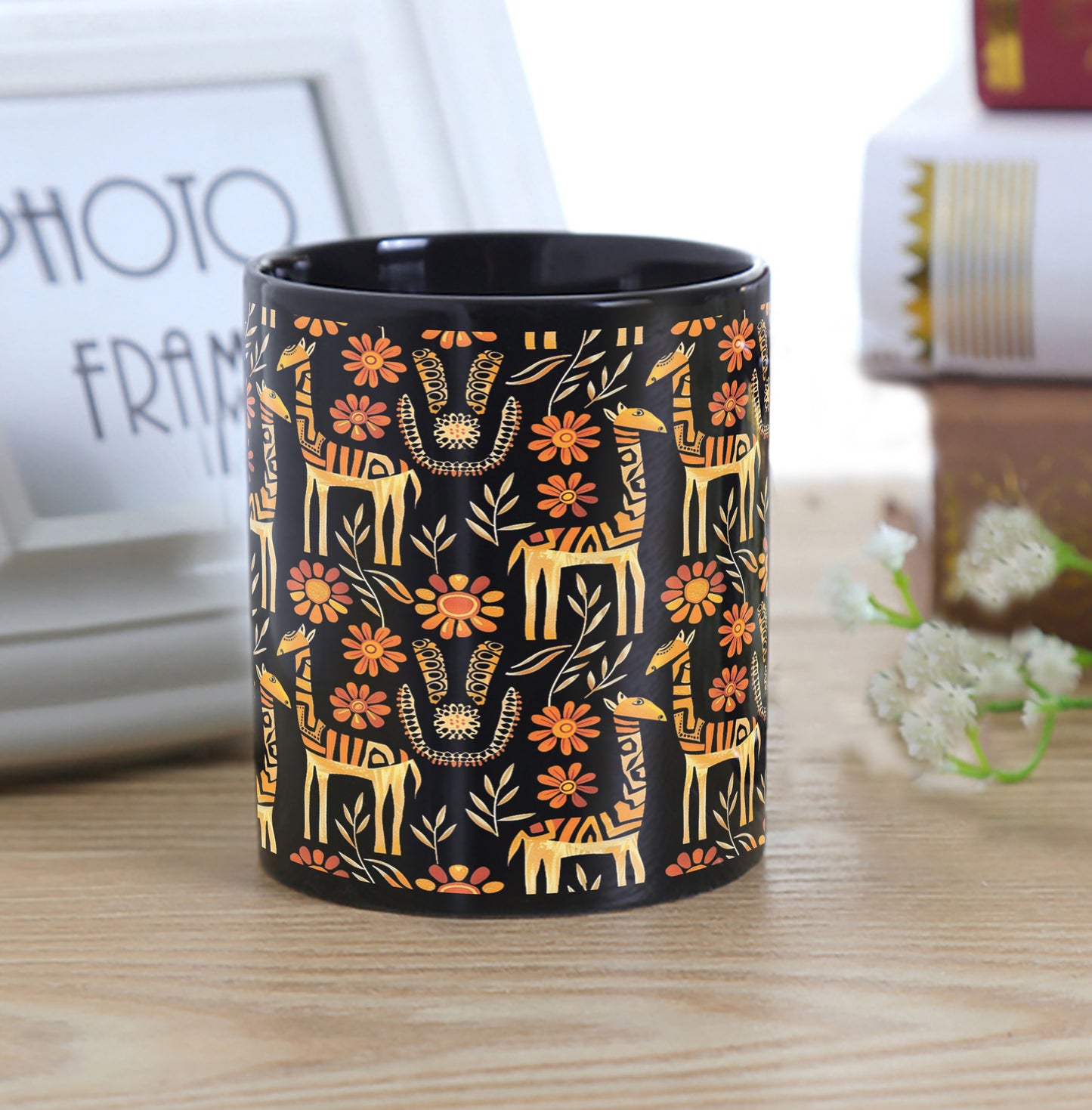 Seamless Doodle Animal Art Pattern Design Full Black 330 ml Coffee Mug with Coaster