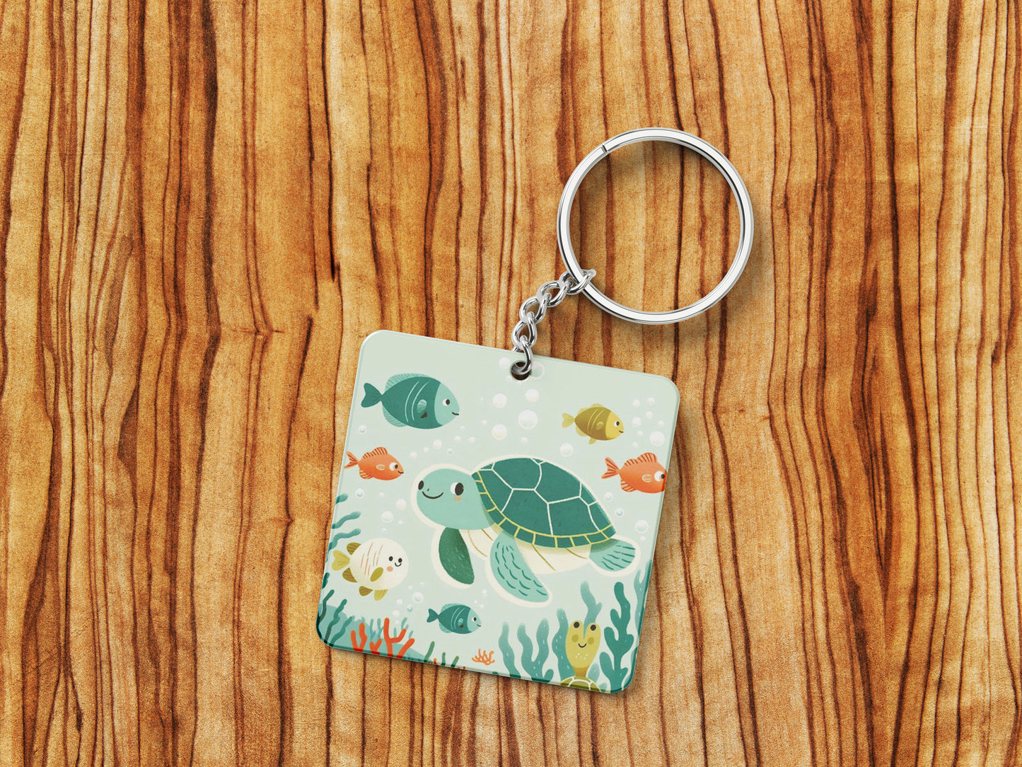 There are sea turtles swimming in the ocean with corals Nursery Painting Printed Square Shape Wooden Keyring with Chain