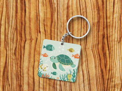 There are sea turtles swimming in the ocean with corals Nursery Painting Printed Square Shape Wooden Keyring with Chain