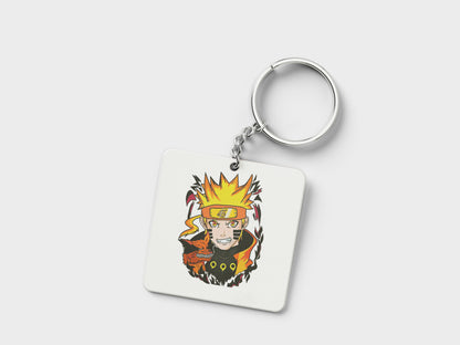 Artistic Impression Naruto Uzumaki Printed Square Shape Wooden Keyring with Chain