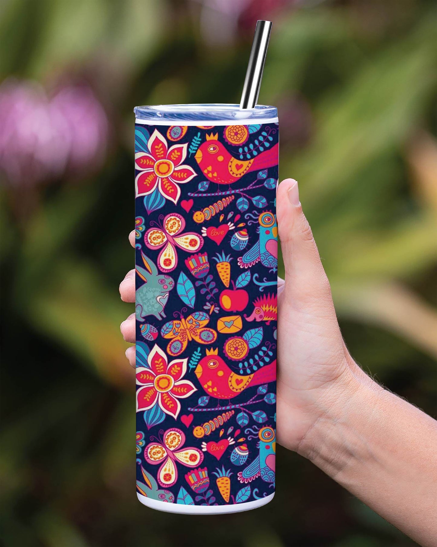Owl, rabbit, butterfly, hedgehog Forest seamless pattern Printed 750ML with Lid Leak Proof Travel Tumbler with Straw