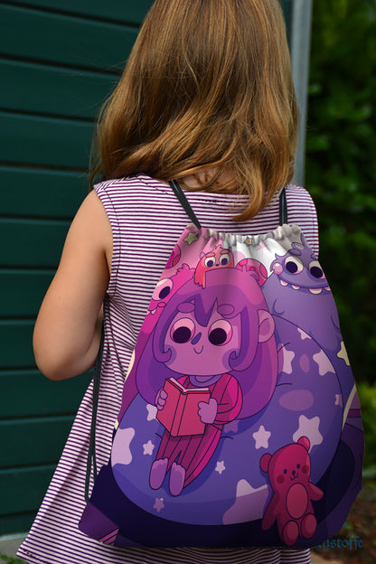 Hand Drawn Bedtime Stories illustration Polyester String Backpack Bags for kids for Gym, Yoga, Tuition ,Beach Bag for 4-10 year boys and girls