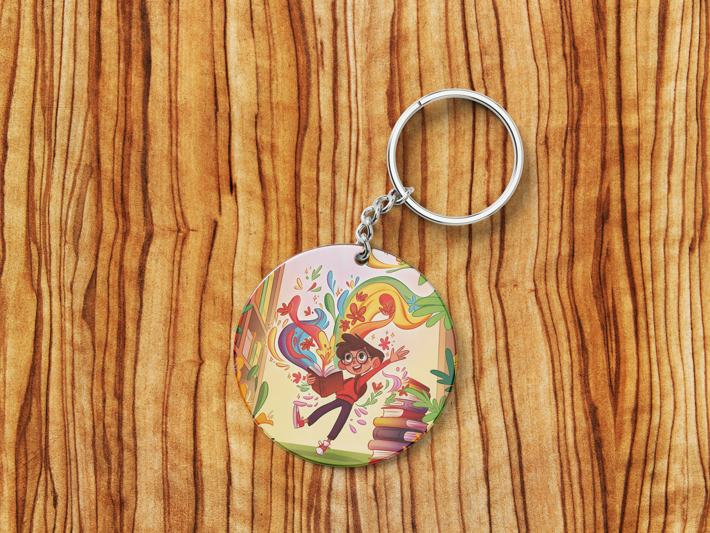 Colorful School Library Books Printed Round Circle Shape Wooden Keyring with Chain