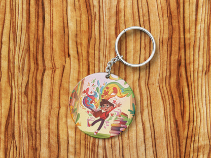 Colorful School Library Books Printed Round Circle Shape Wooden Keyring with Chain