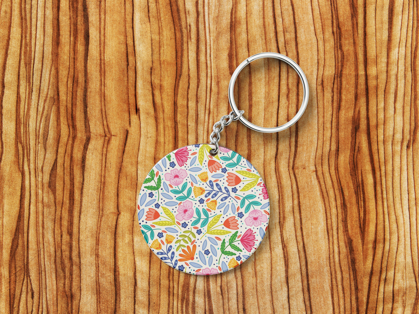 Amazing seamless floral pattern Printed Round Circle Shape Wooden Keyring with Chain