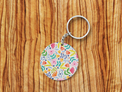 Amazing seamless floral pattern Printed Round Circle Shape Wooden Keyring with Chain