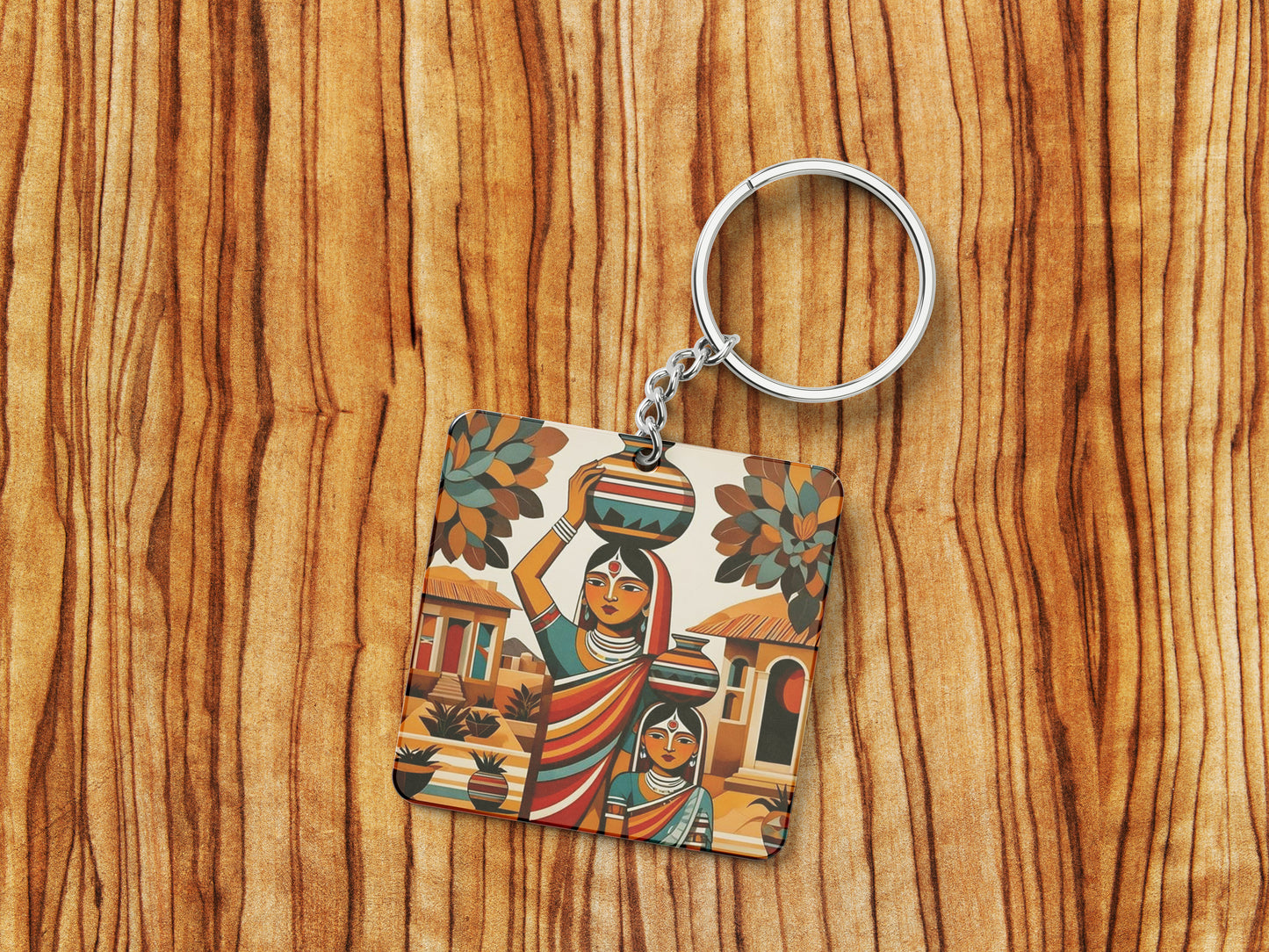 Village Woman royalty illustration Printed Square Shape Wooden Keyring with Chain