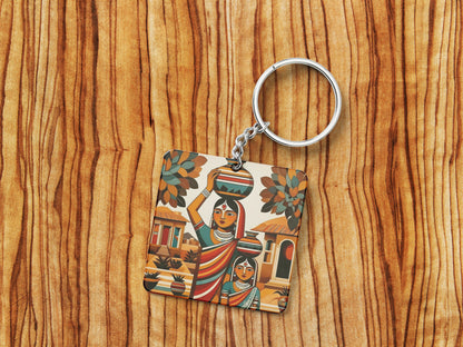 Village Woman royalty illustration Printed Square Shape Wooden Keyring with Chain