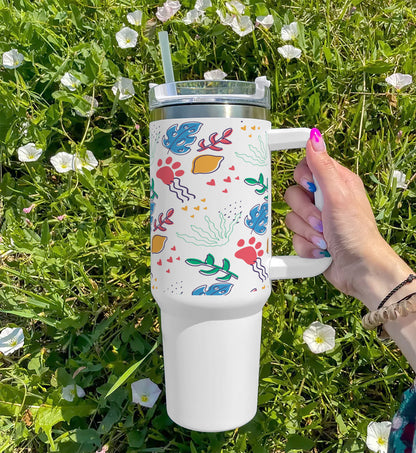 Hand drawn abstract element pattern Printed 850ML with Lid Leak Proof Big Travel Tumbler with Handle and Straw