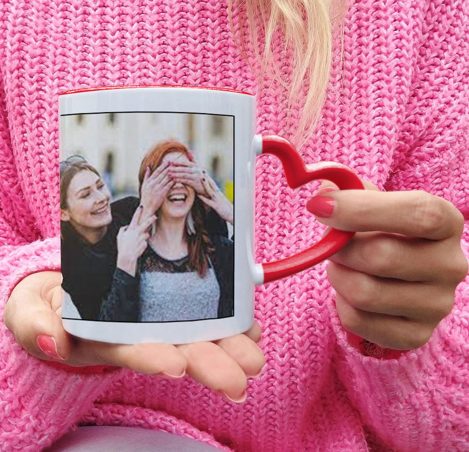 Best Friend forever customized add two photos red heart handle  330 ml Coffee Mug