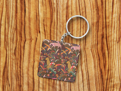 Cheetah and Flower Pattern Printed 330 ml White Coffee Mug with Square Shape Wooden Keyring and Chain