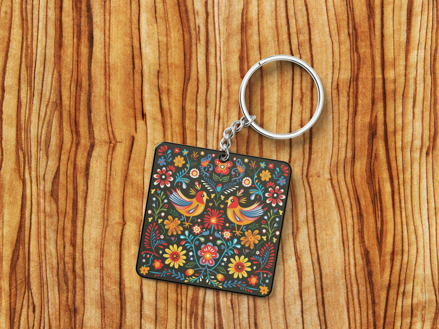 Mexican Folk Art Patterns Printed 330 ml White Coffee Mug with Square Shape Wooden Keyring and Chain