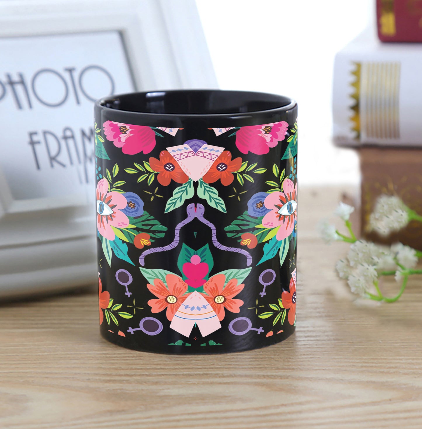Flower and Eye pattern Design Full Black 330 ml Coffee Mug with Coaster